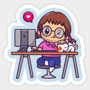 Cute Girl Working On Computer With Cat Cartoon Sticker